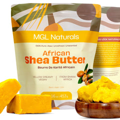 Raw African Shea Butter, yellow blocks and chunks, with MGL Naturals branding