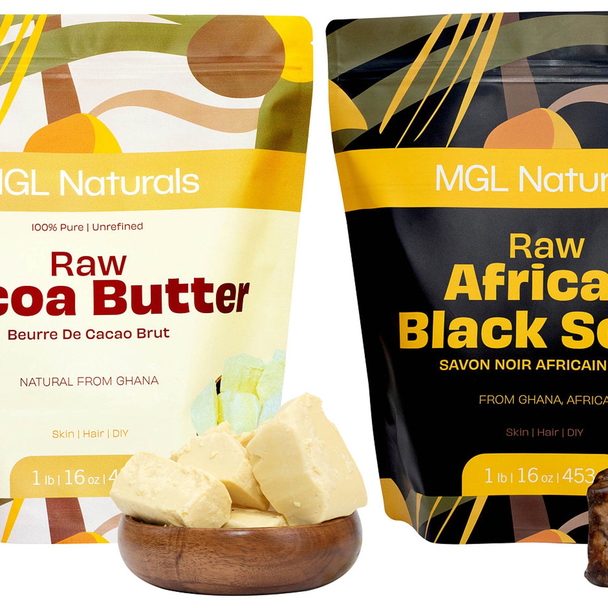Golden unrefined shea butter in a sleek black jar with organic certification label, showcasing rich creamy texture