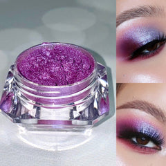 Eye shadow purple glitter in clear faceted jar, eye makeup application