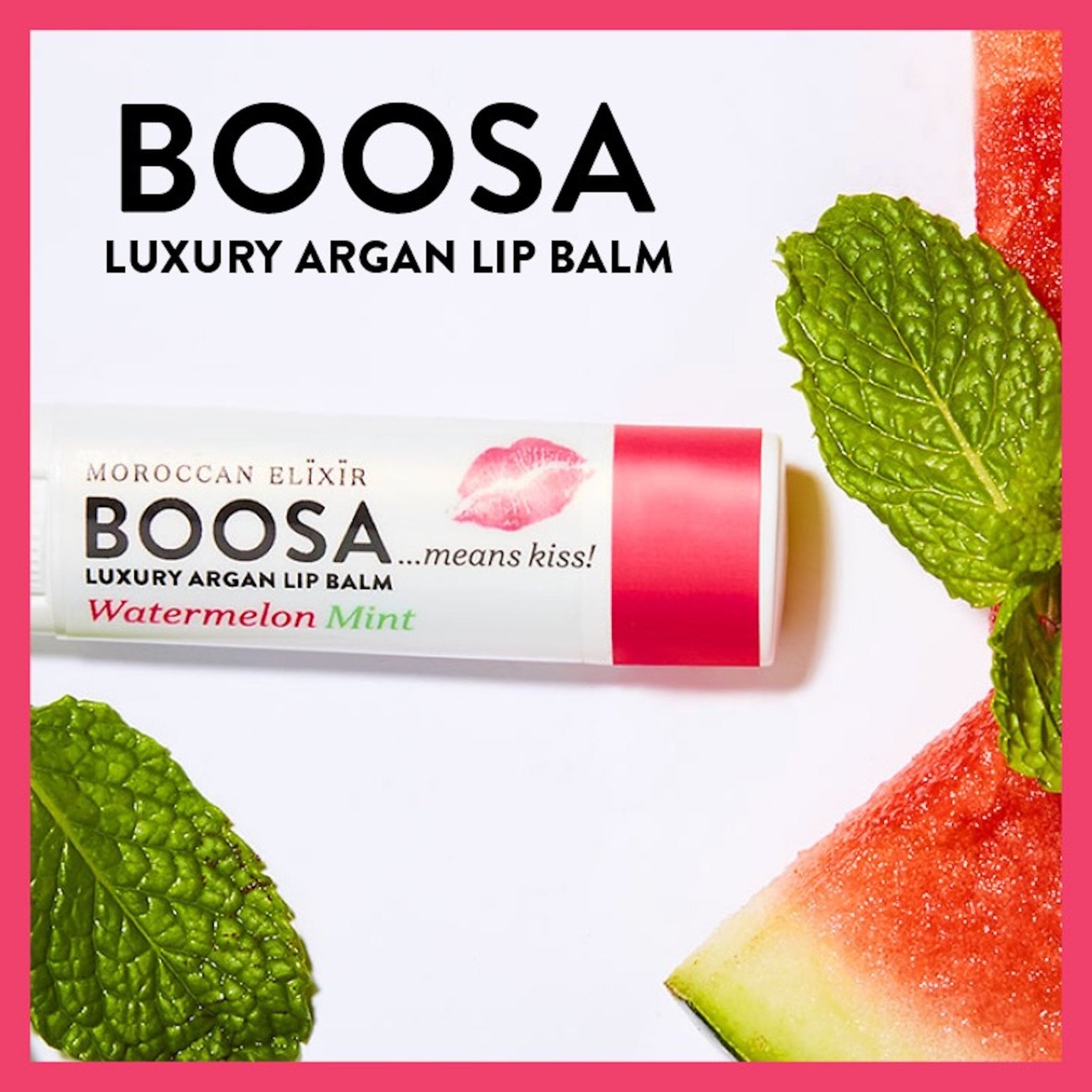 Lip balm tube with BOOSA branding, white and pink, with watermelon and mint leaves