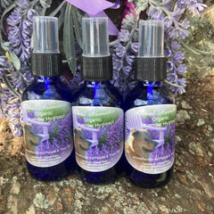 Lavender hydrosol bottles, blue glass with black cap, Animal Aromatics label