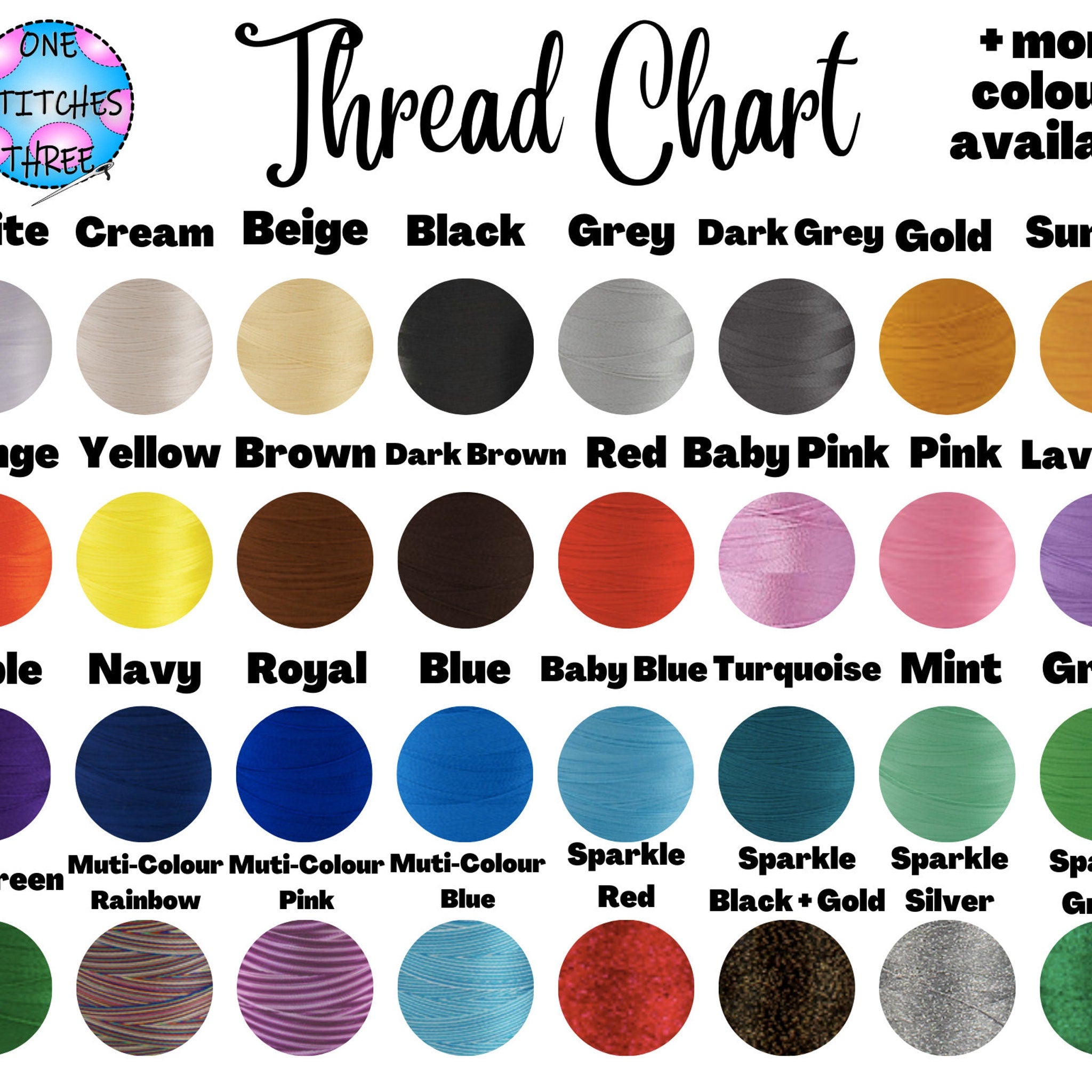 Thread chart with various colored thread spools, including black, red, and blue, with One Stitches Three logo