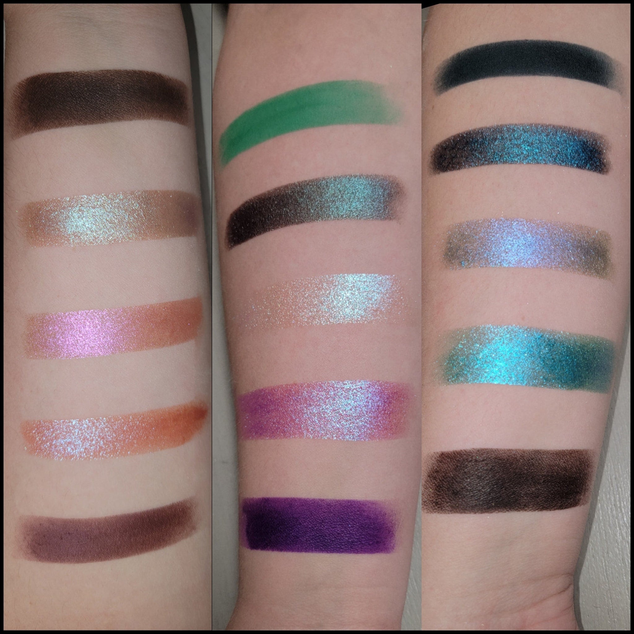 Eyeshadow swatches, various colors including green, purple, and brown, with shimmer and matte finishes on arm