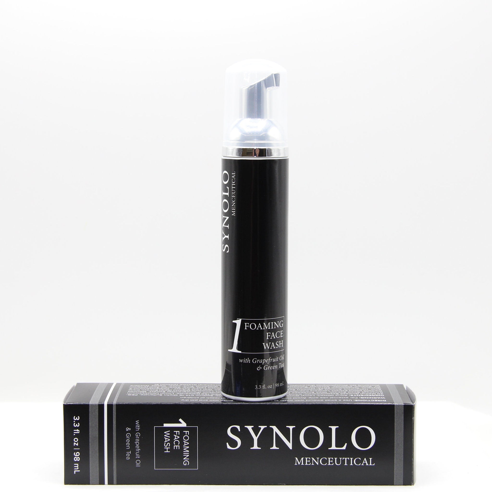 Foaming face wash bottle, black and white with clear pump, SYNOLO brand displayed