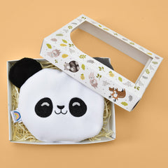 Panda plush toy with black ears and face, white body, and gift box with animal illustrations