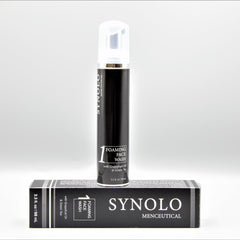 Foaming face wash bottle and box, black and white design, SYNOLO brand displayed