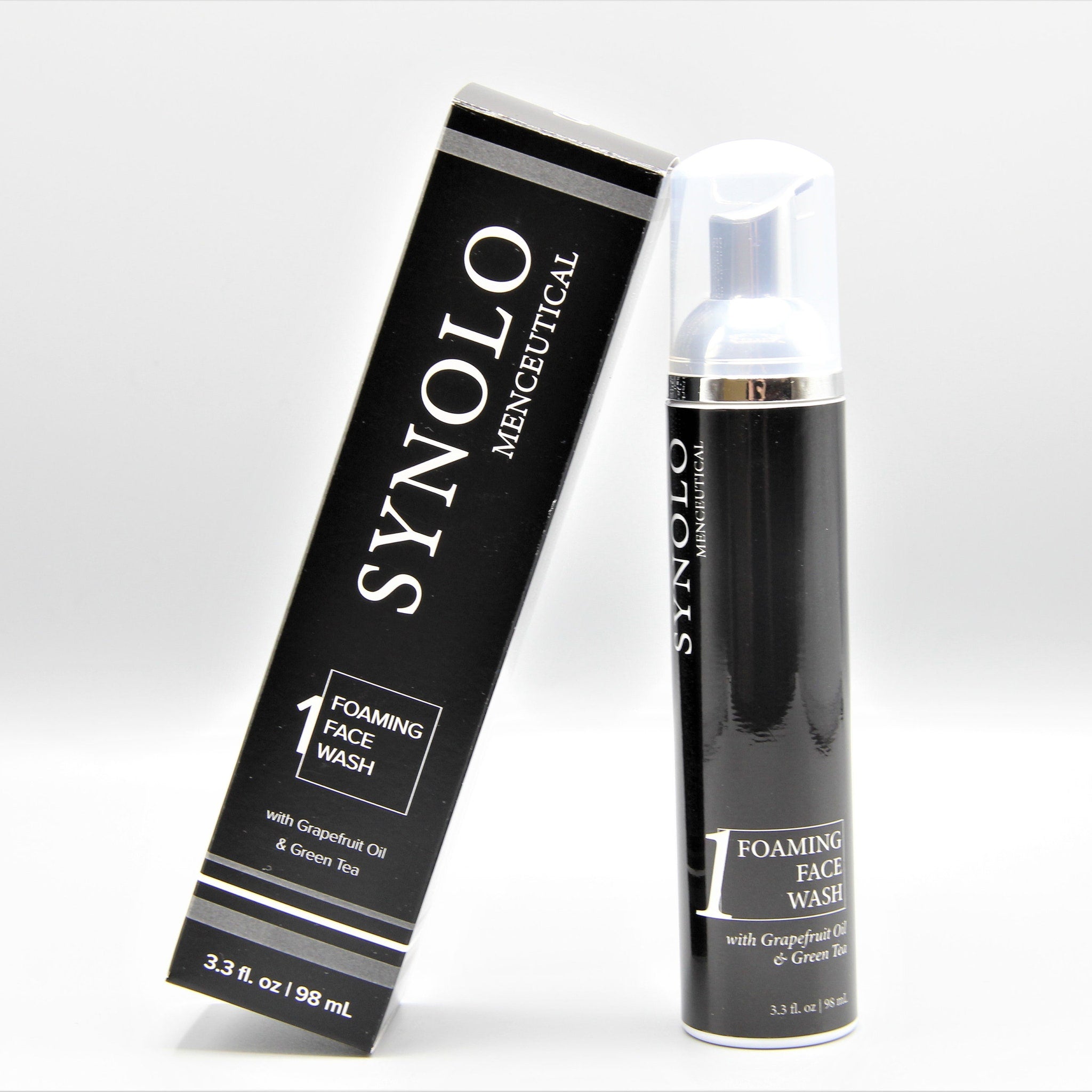 Foaming face wash, black and white bottle, SYNOLO brand with clear dispenser cap.