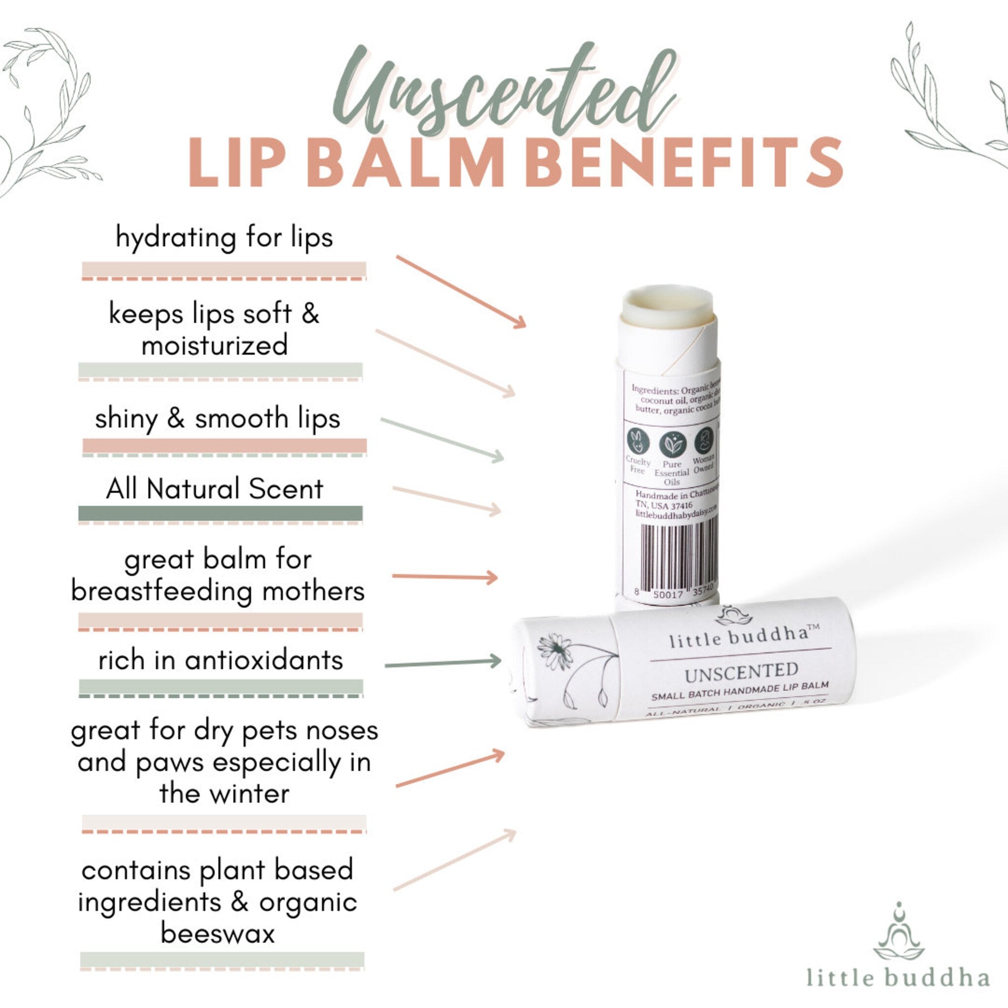 Unscented lip balm, white tube, floral design, "little buddha" branding, for lips and pets