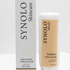 Exfoliator Citrus Scrub, white and tan bottles with black text, Synolo Skincare branding visible