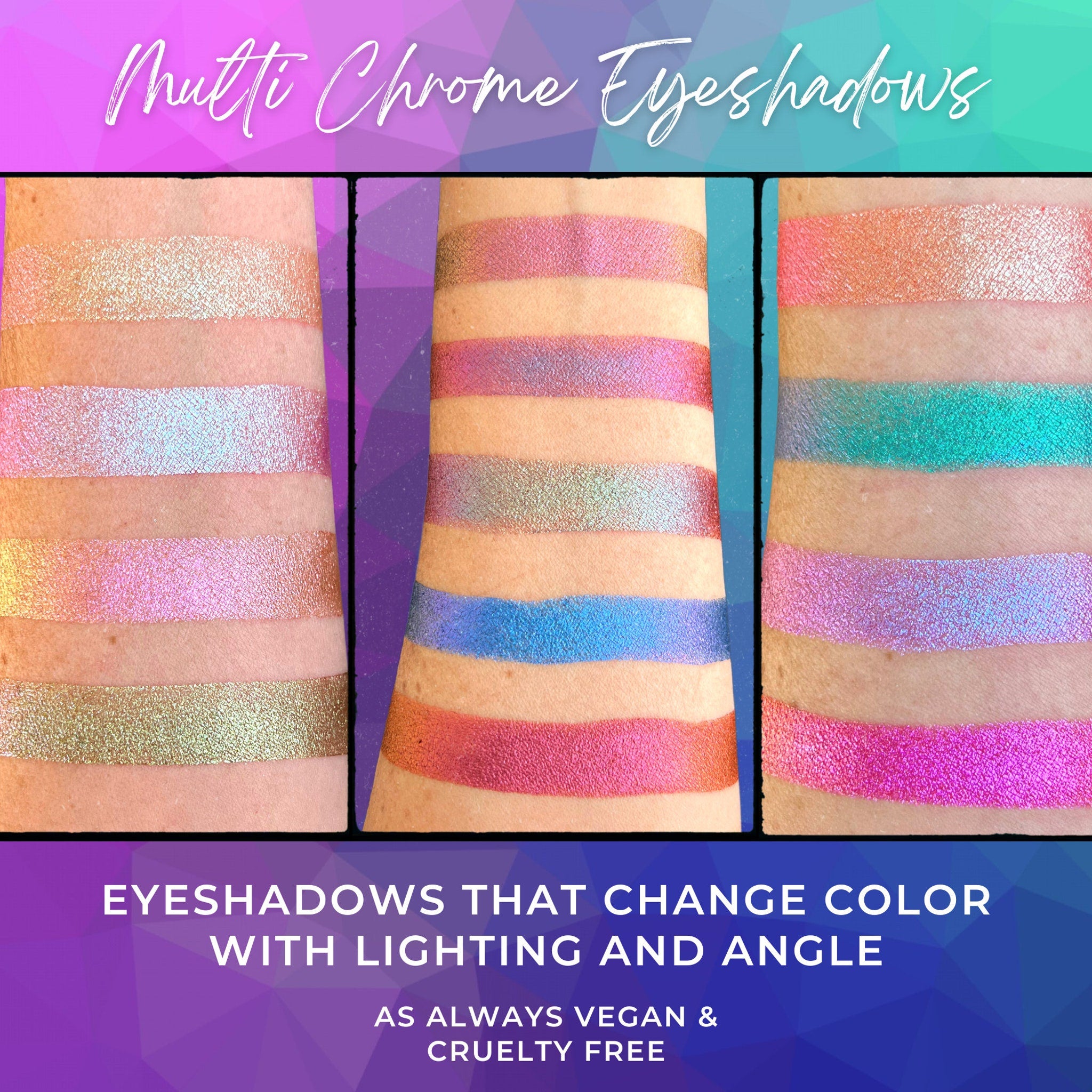 Close-up of holographic Tea Time eyeshadow pan showing multi-chrome color shift from purple to green