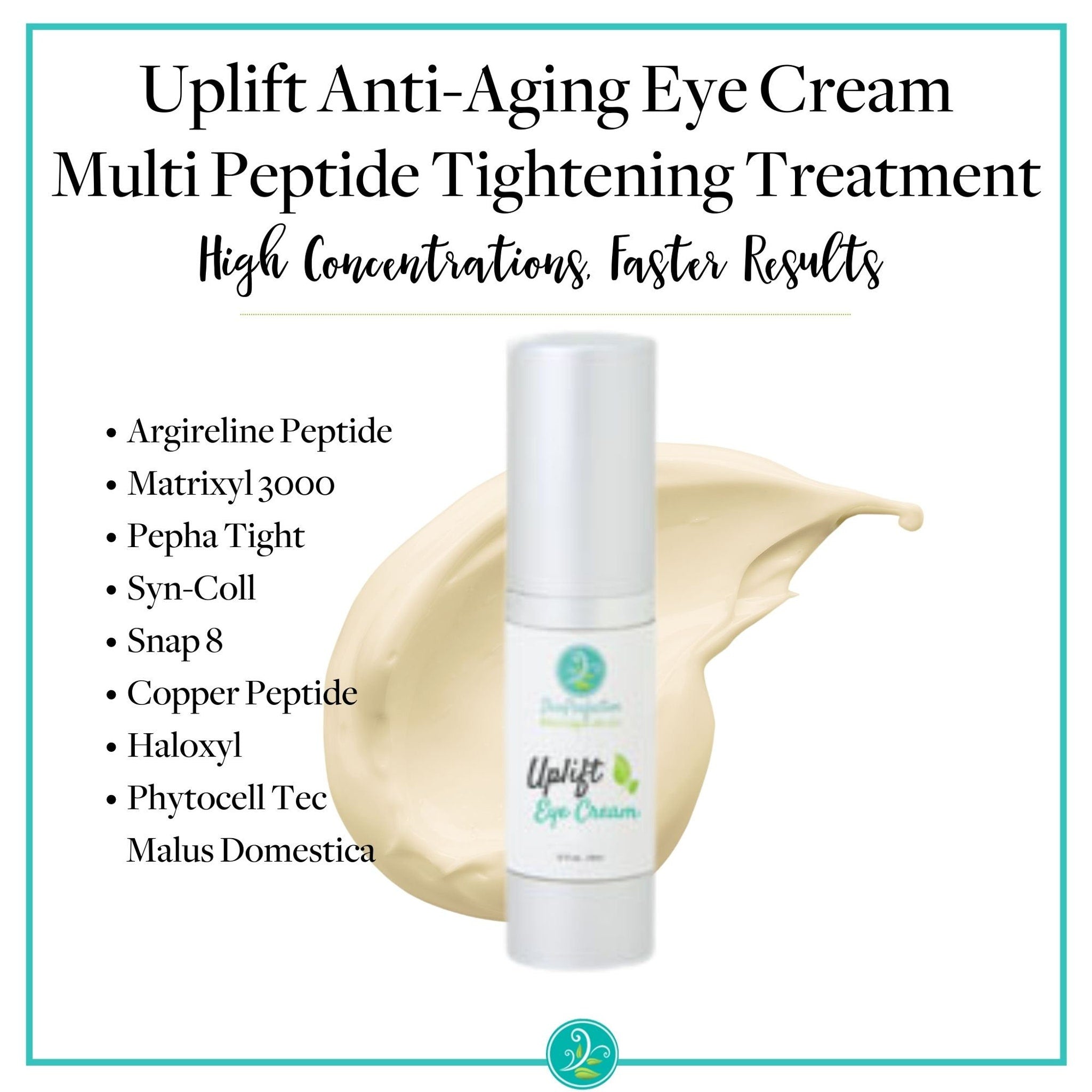 Eye cream bottle, white and silver, with cream swatch, Uplift brand name visible