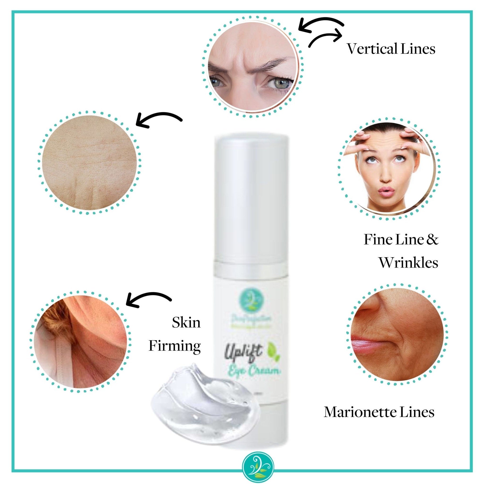 Eye cream bottle with white and silver packaging, clear gel, and text "Uplift Eye Cream