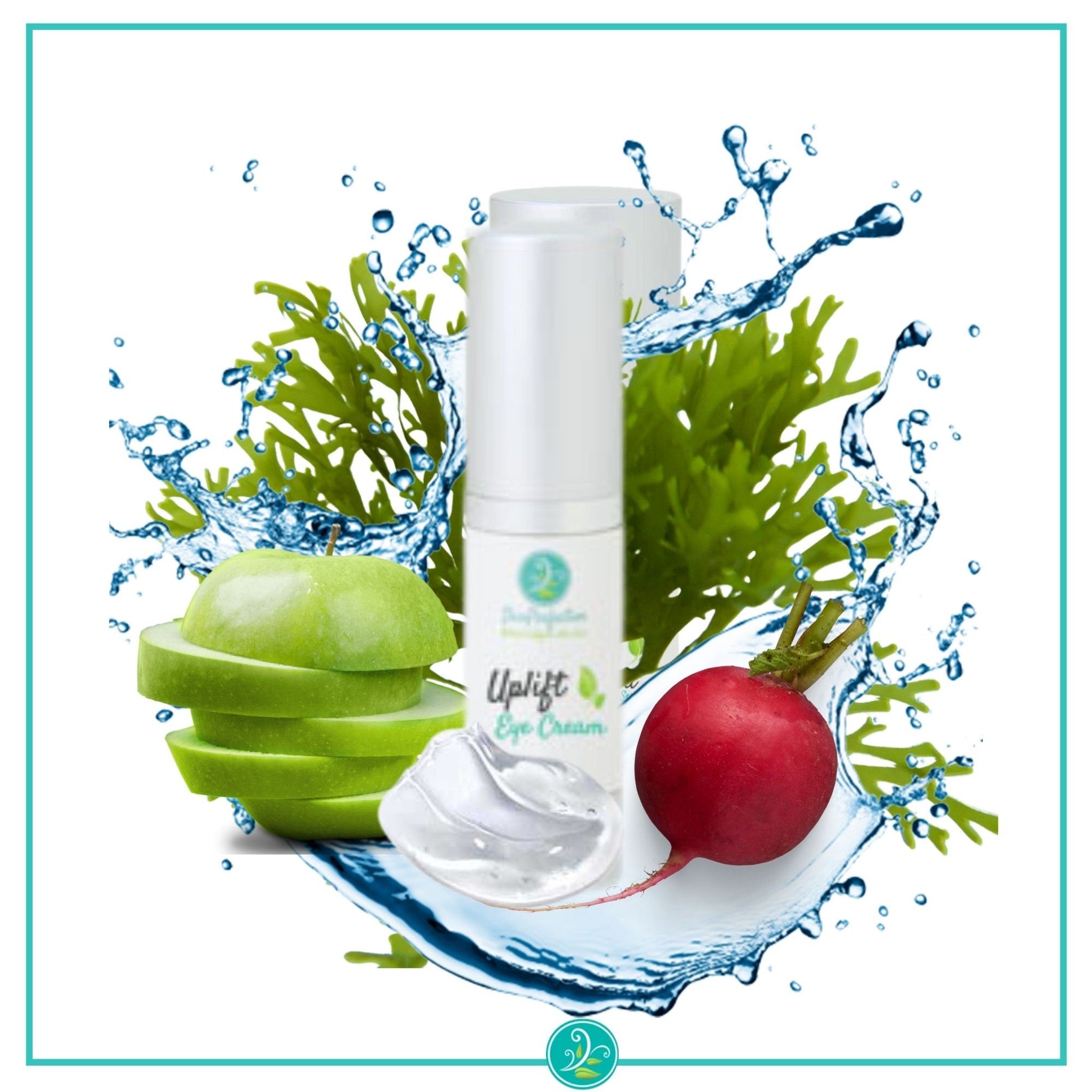 Eye cream bottle with white and silver packaging, water splash, and green apple slices