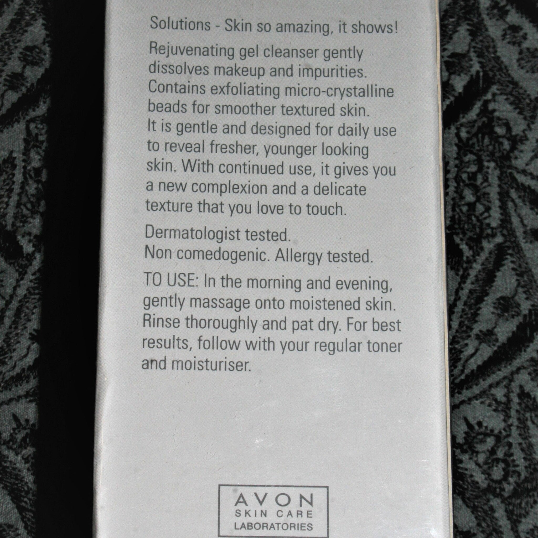 Avon skin care product label, white background, black text, and brand logo visible.
