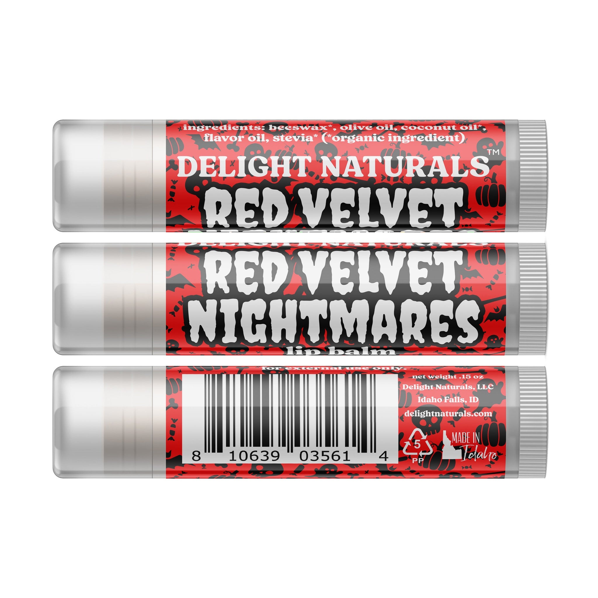 Lip balm tubes with red and black patterned labels, Delight Naturals brand name visible