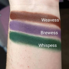 Eyeshadow swatches in brown, purple, and green shades on skin, with Weavess, Brewess, and Whisspess labels