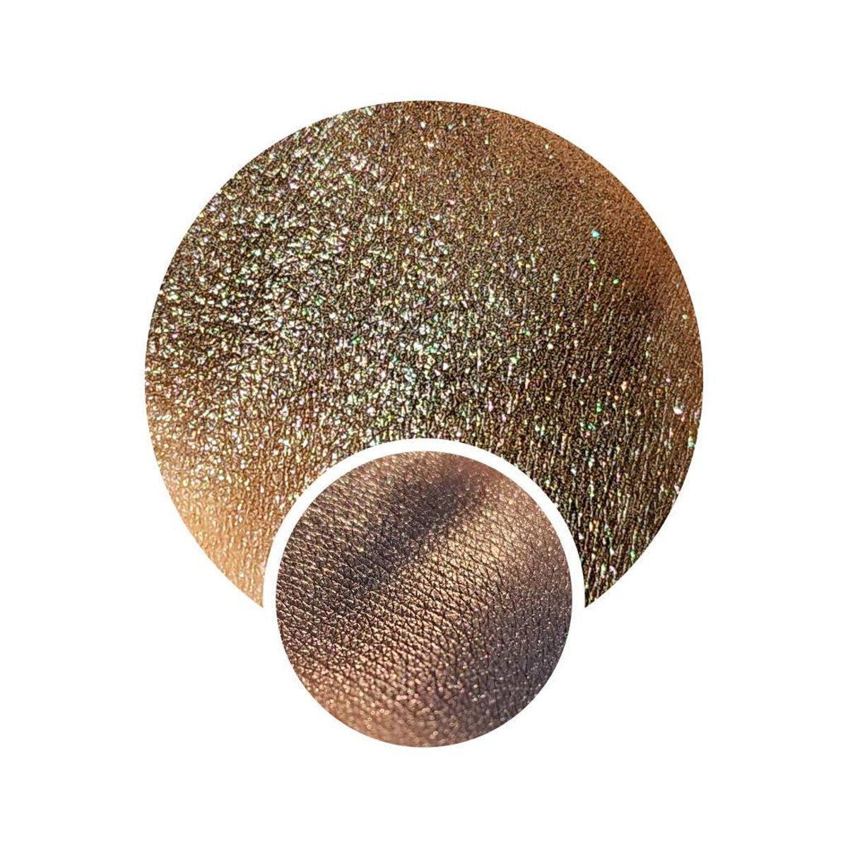 Pressed eyeshadow pan with multichrome grey-to-color shift shimmer in sleek black compact.