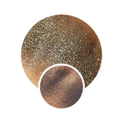 Pressed eyeshadow pan with multichrome grey-to-color shift shimmer in sleek black compact.