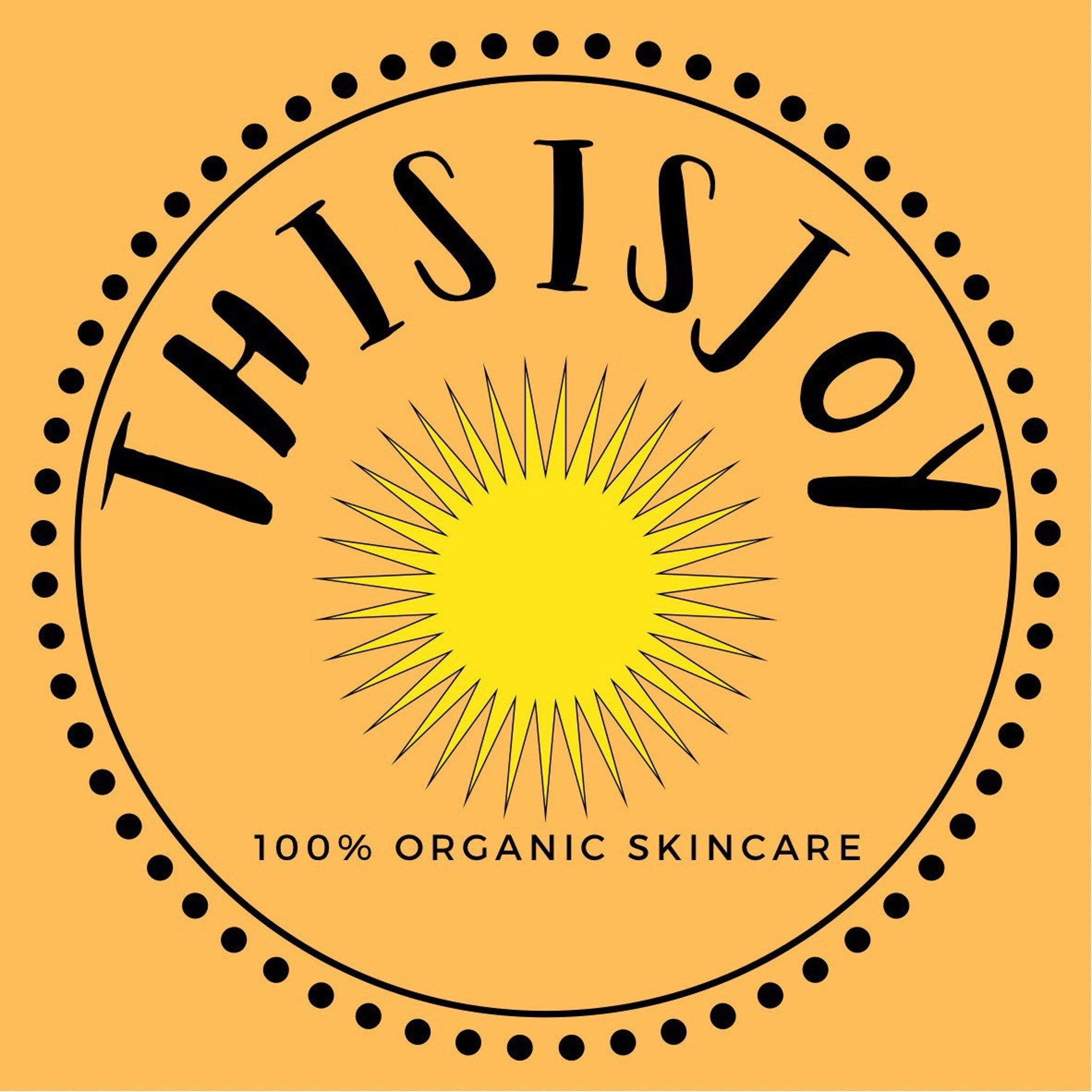 Skincare logo with yellow sunburst, black text, and orange background, "THIS IS JOY" brand