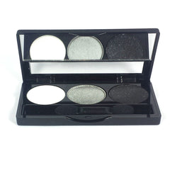 Halal-certified silver eyeshadow trio in sleek black compact with three shimmering shades