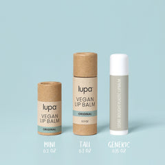 Vegan lip balm tubes in cardboard and white, Lupa brand, in various sizes