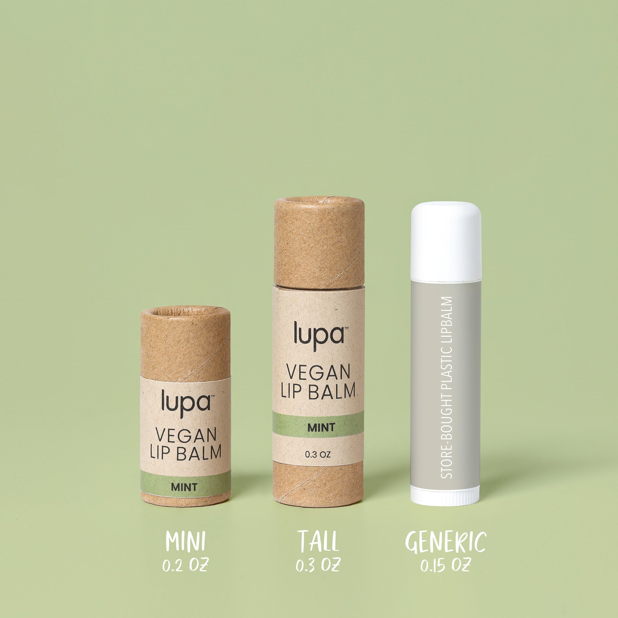 Lip balm tubes in various sizes and materials, including cardboard and plastic, with "lupa" branding visible