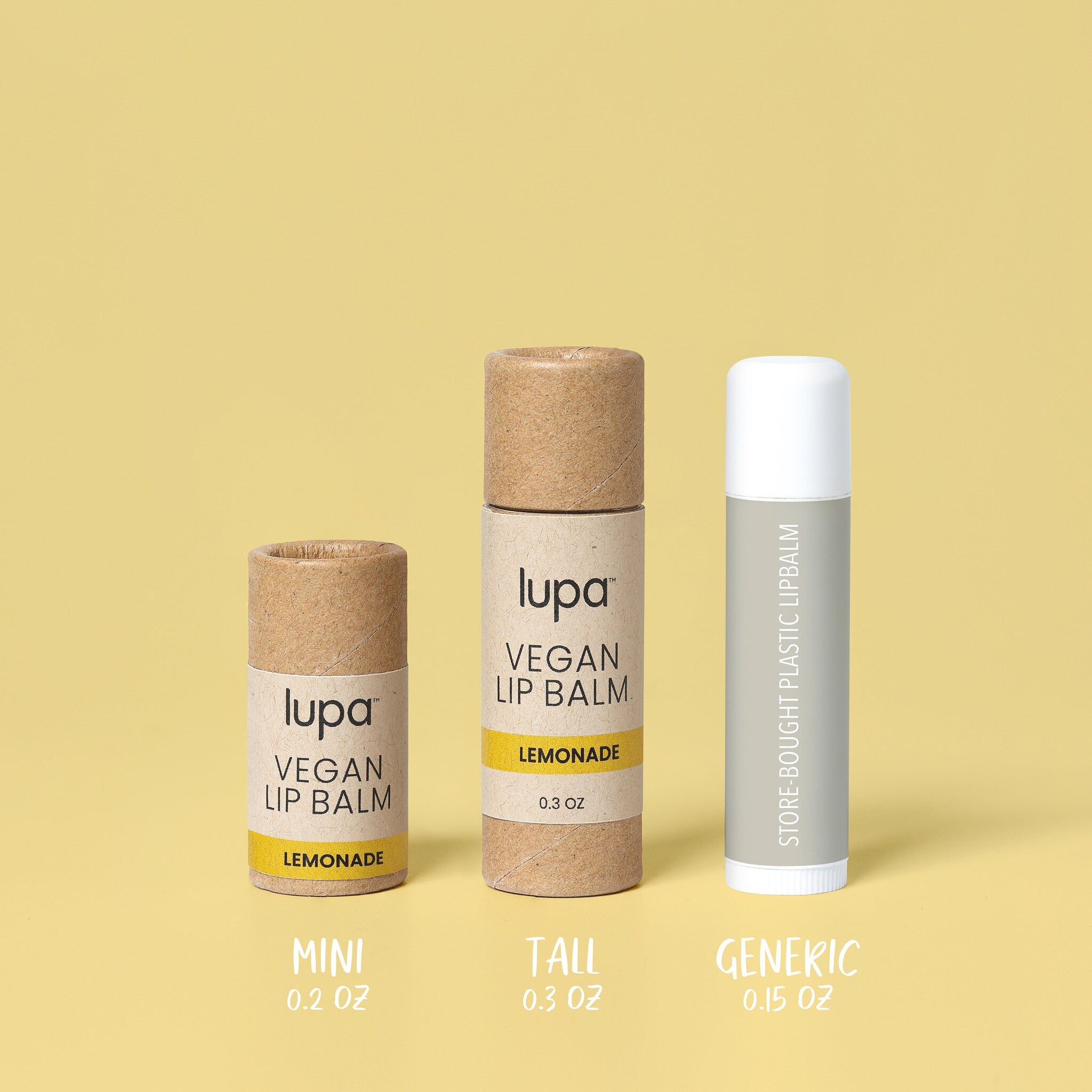 Lip balm tubes in various sizes and materials, including cardboard and plastic, with "lupa" branding visible