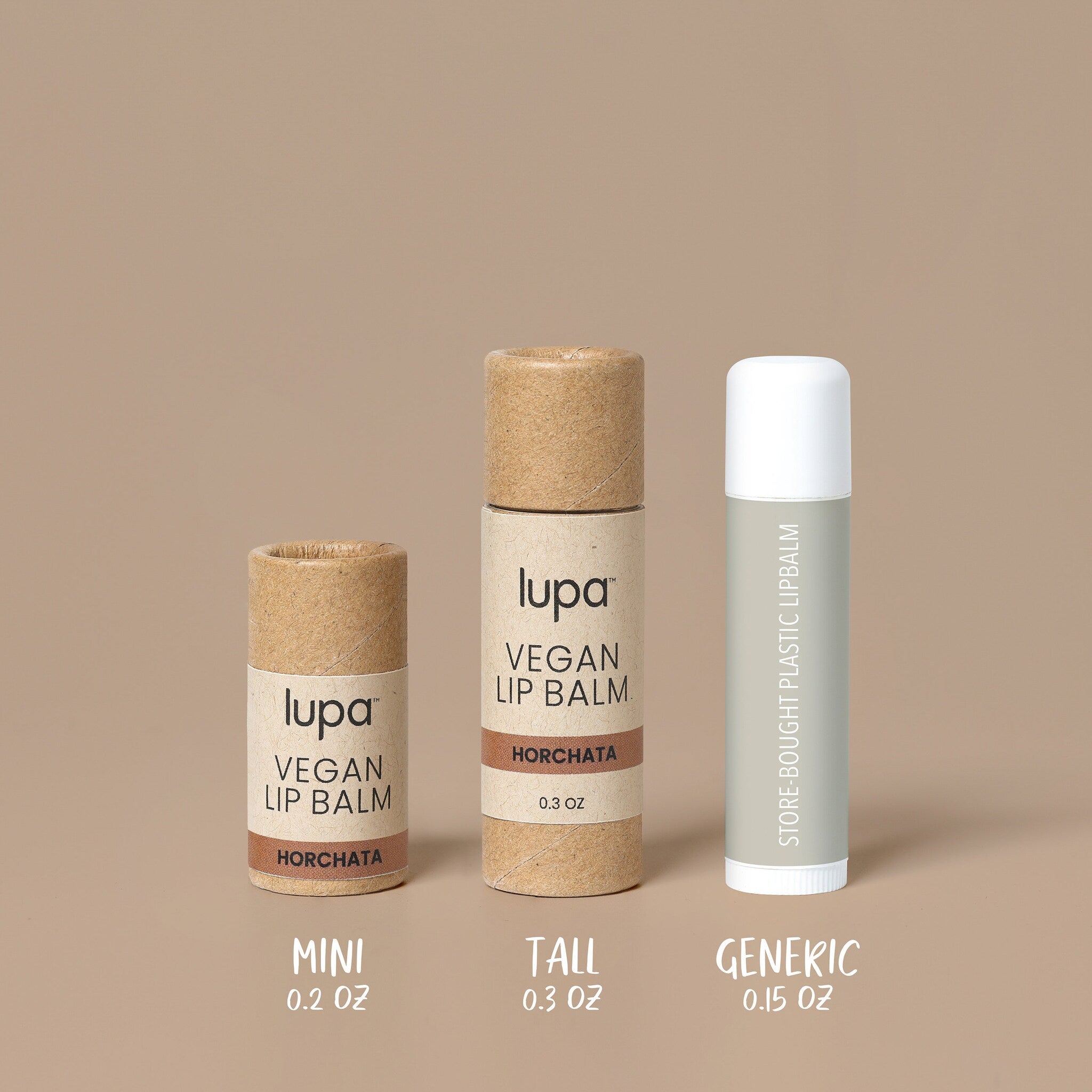 Lip balm tubes in kraft paper and white, Lupa brand, various sizes shown