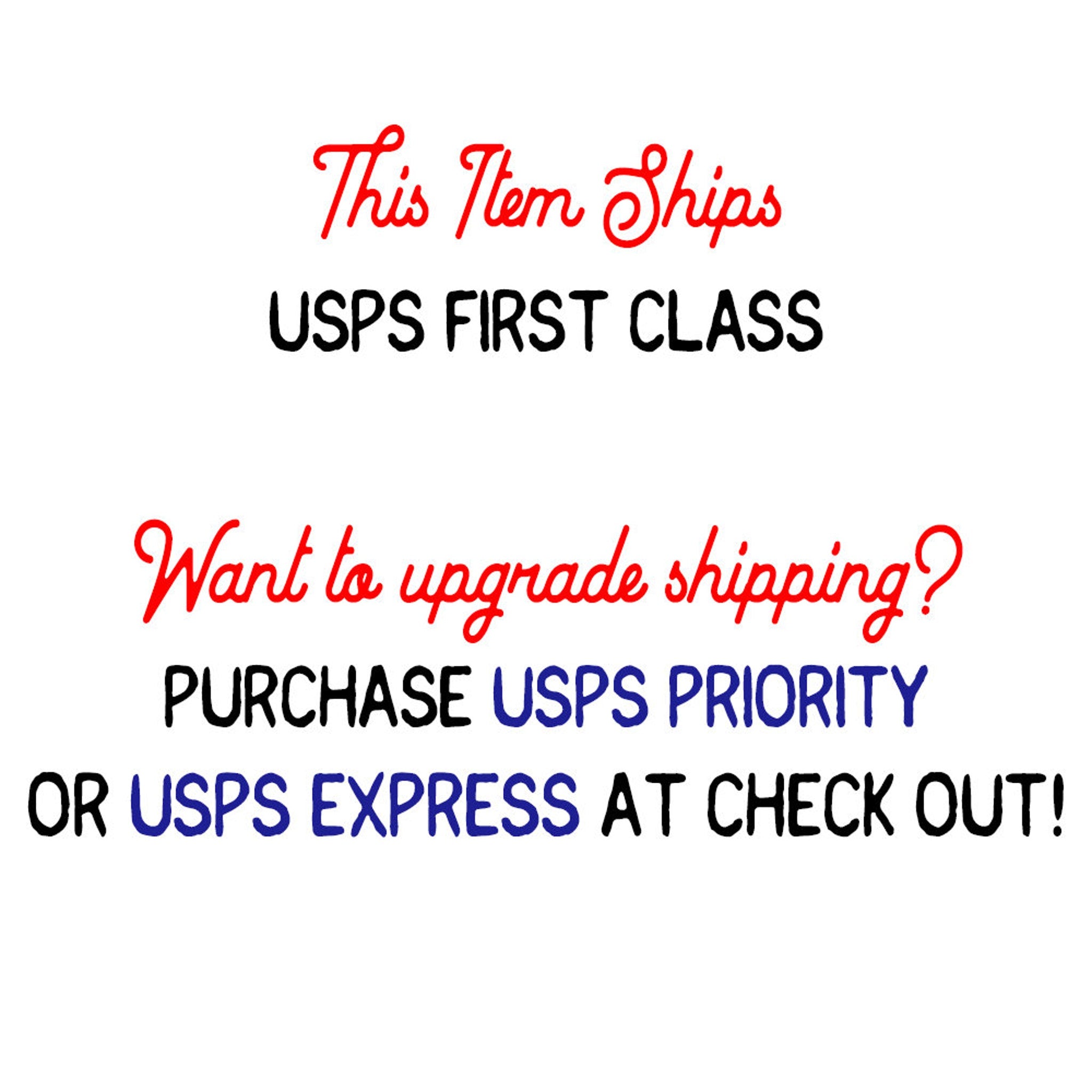 Shipping information graphic with red and black text on white background, USPS shipping options displayed