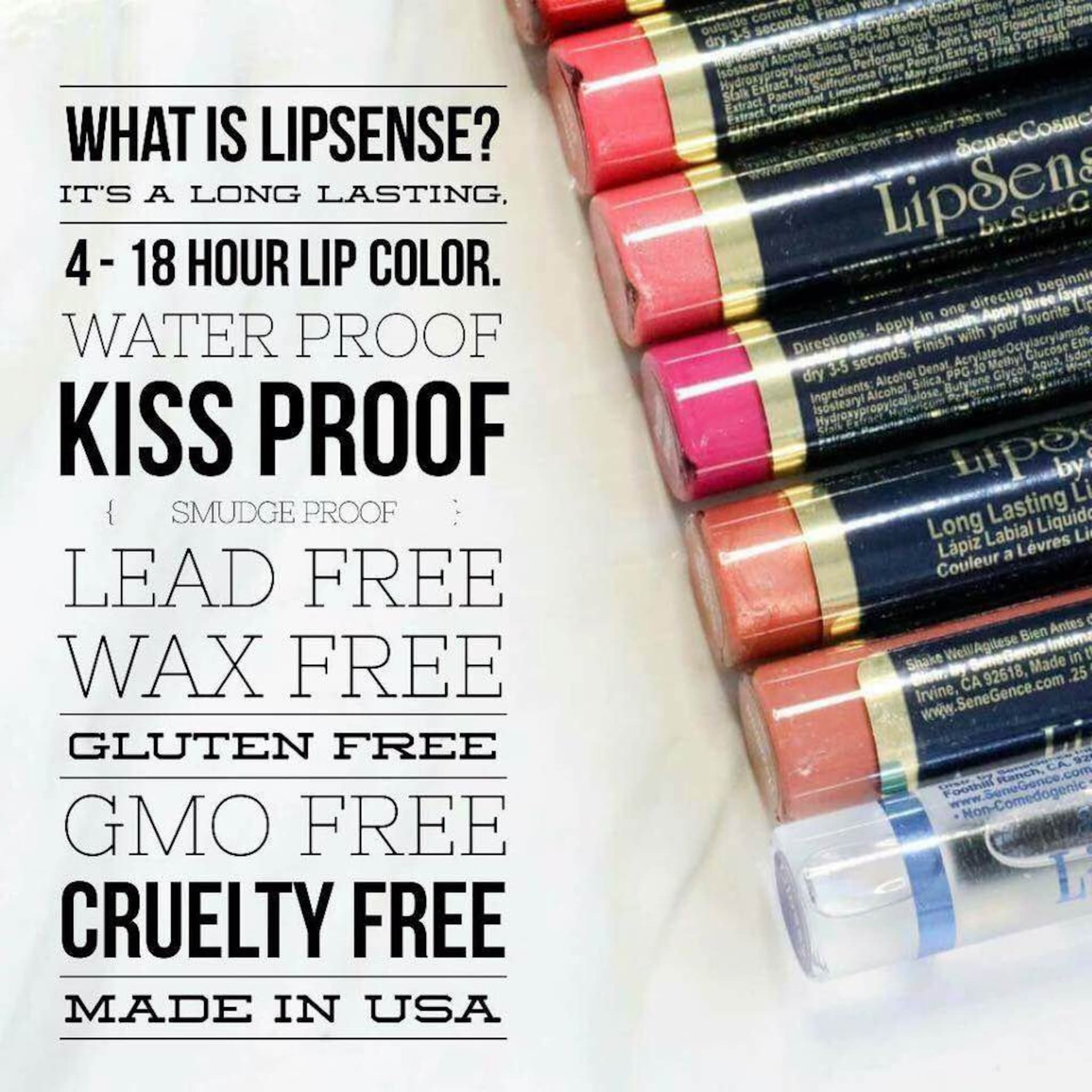 LipSense lipstick tubes in red, pink, and peach with gold accents, by SeneGence brand