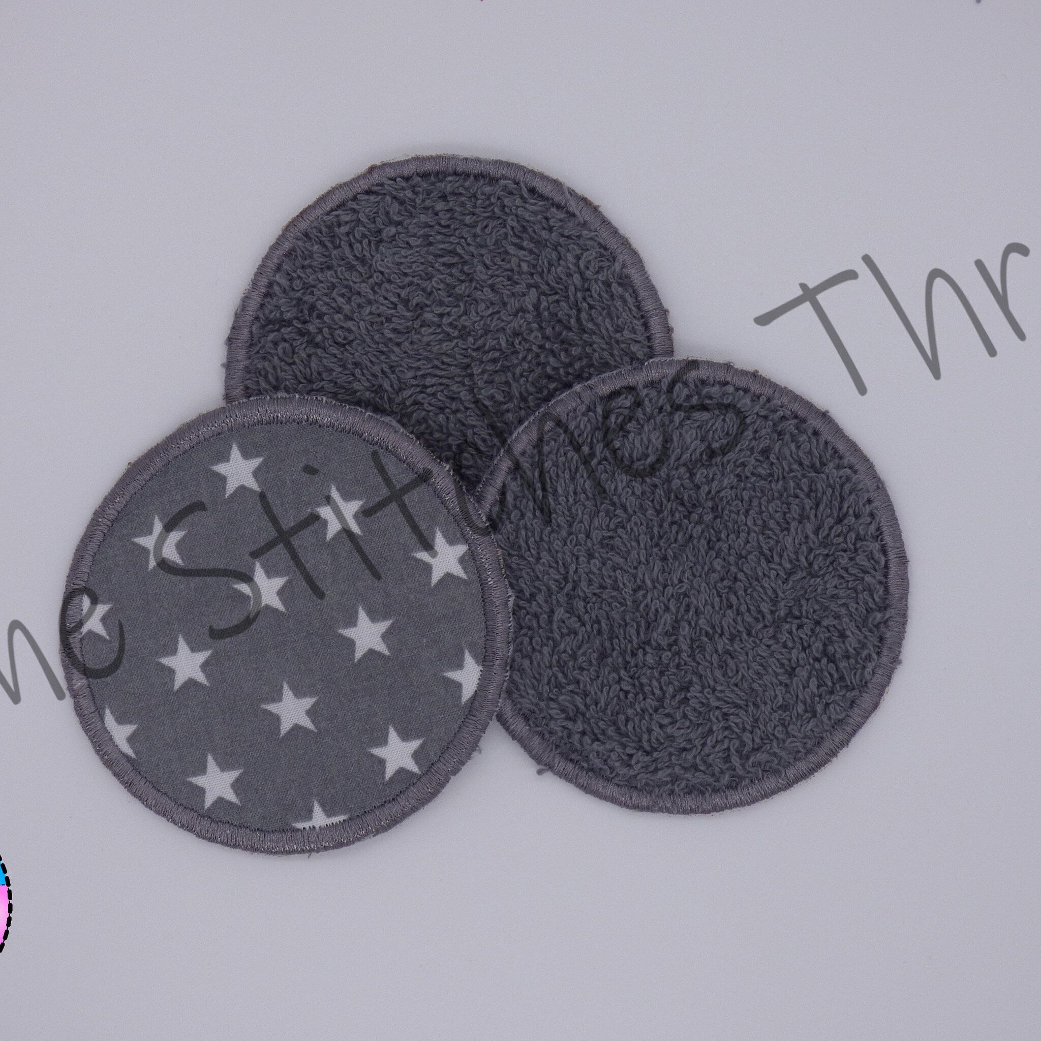 Reusable makeup remover pads, gray terry cloth and star pattern, stitched edge