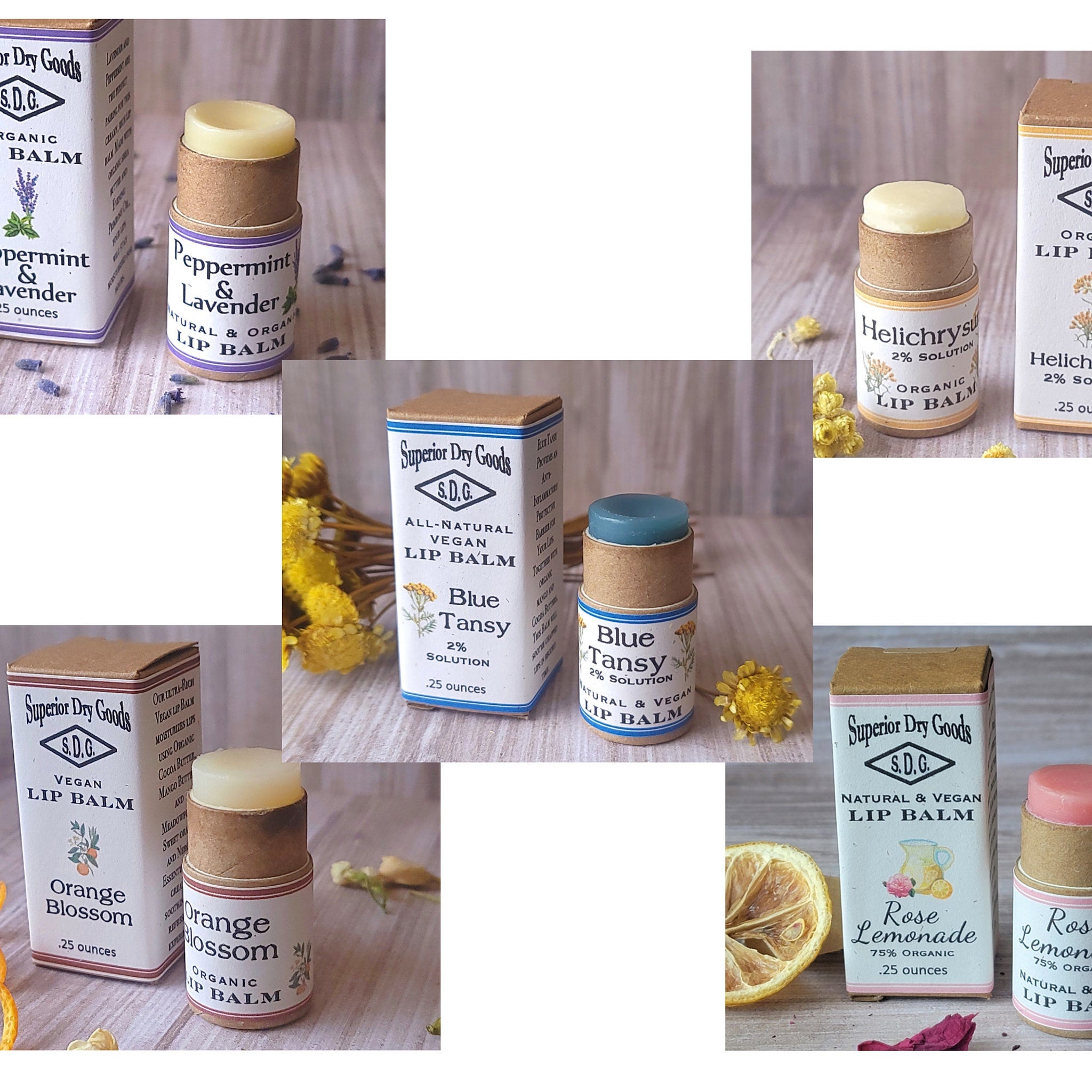 Lip balm in a cardboard tube with a light-colored balm, Superior Dry Goods branding visible