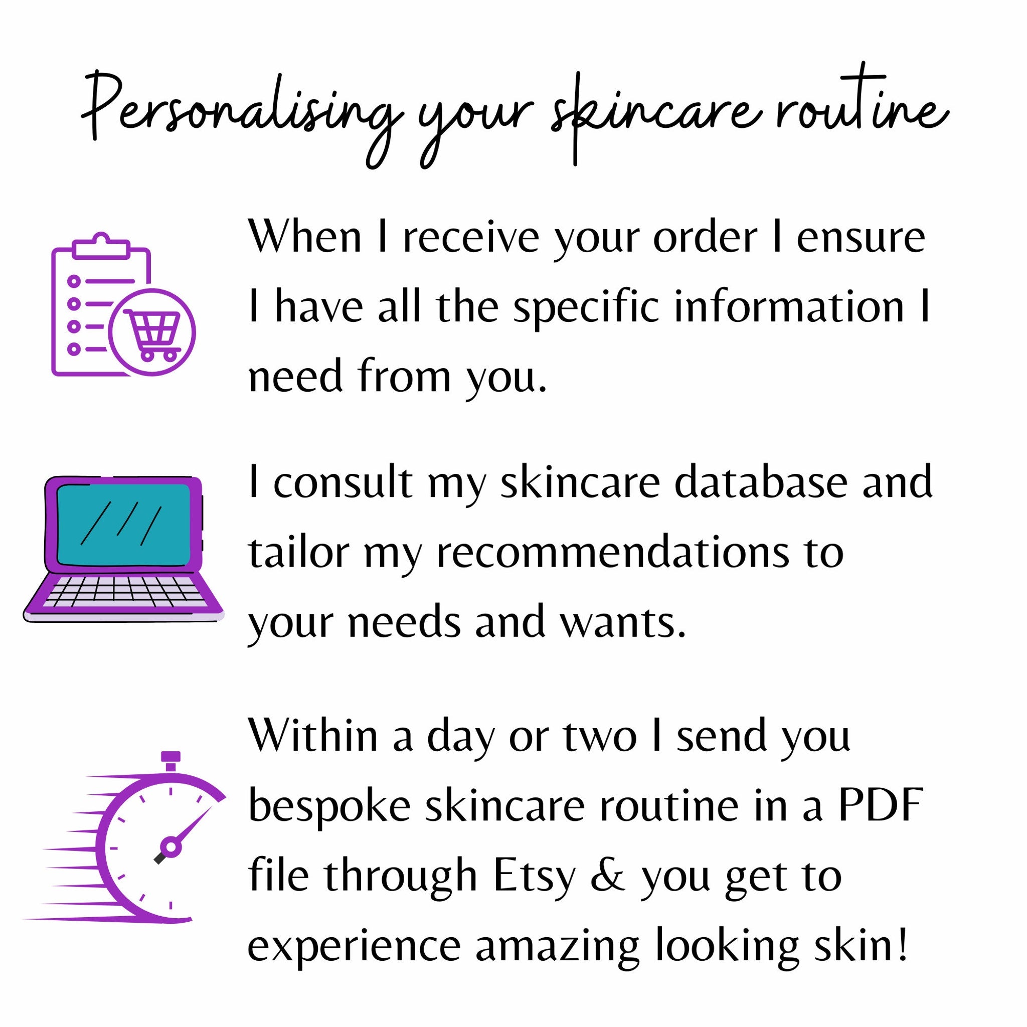 Skincare routine process, purple and white text, with shopping cart and laptop icons, personalized service