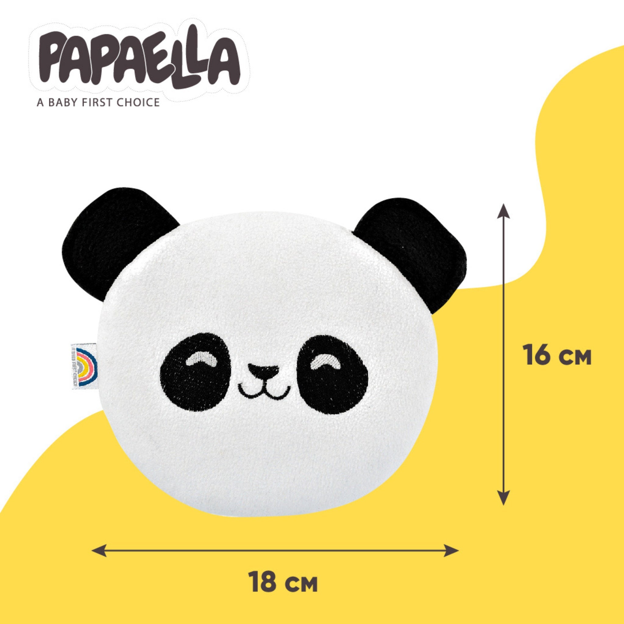 Panda plush toy in white and black with Papaella brand name visible, cartoon style design