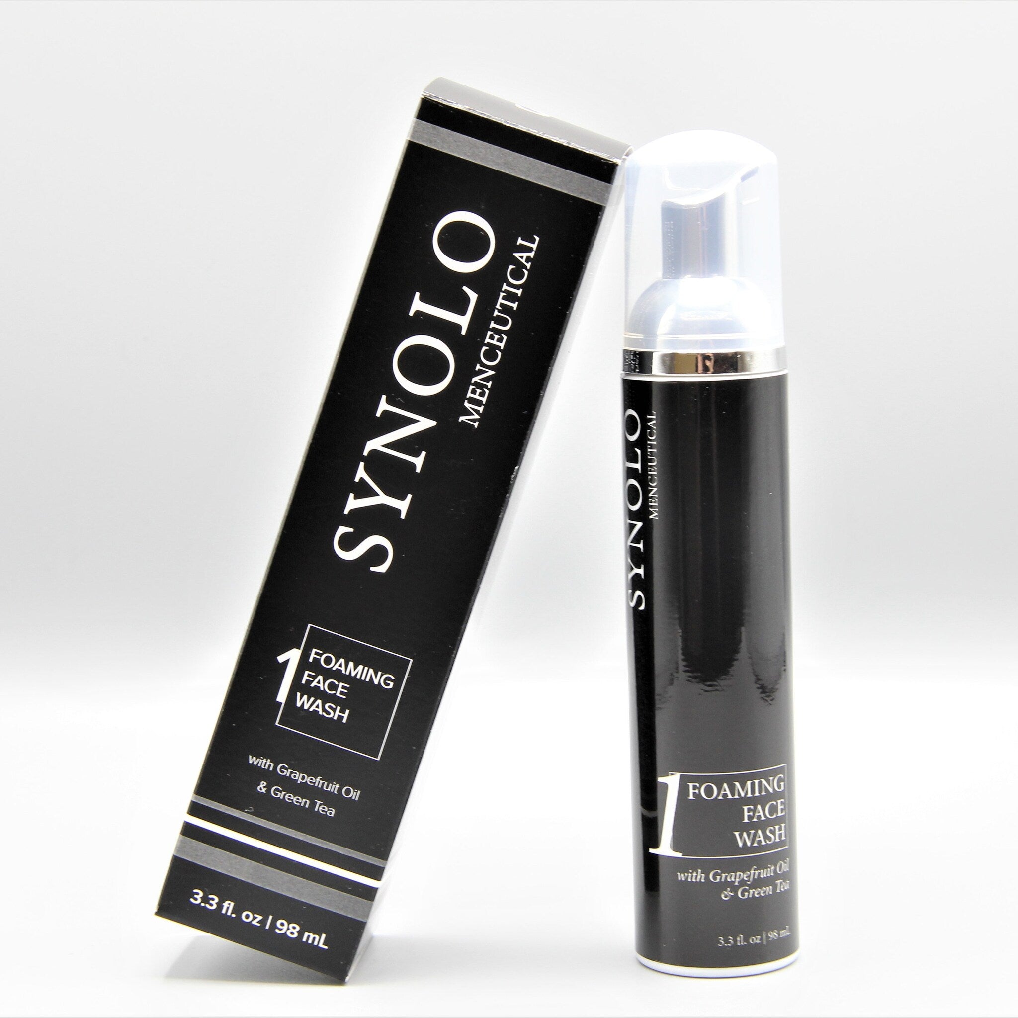 Foaming face wash, black bottle and box with white text, SYNOLO brand product.