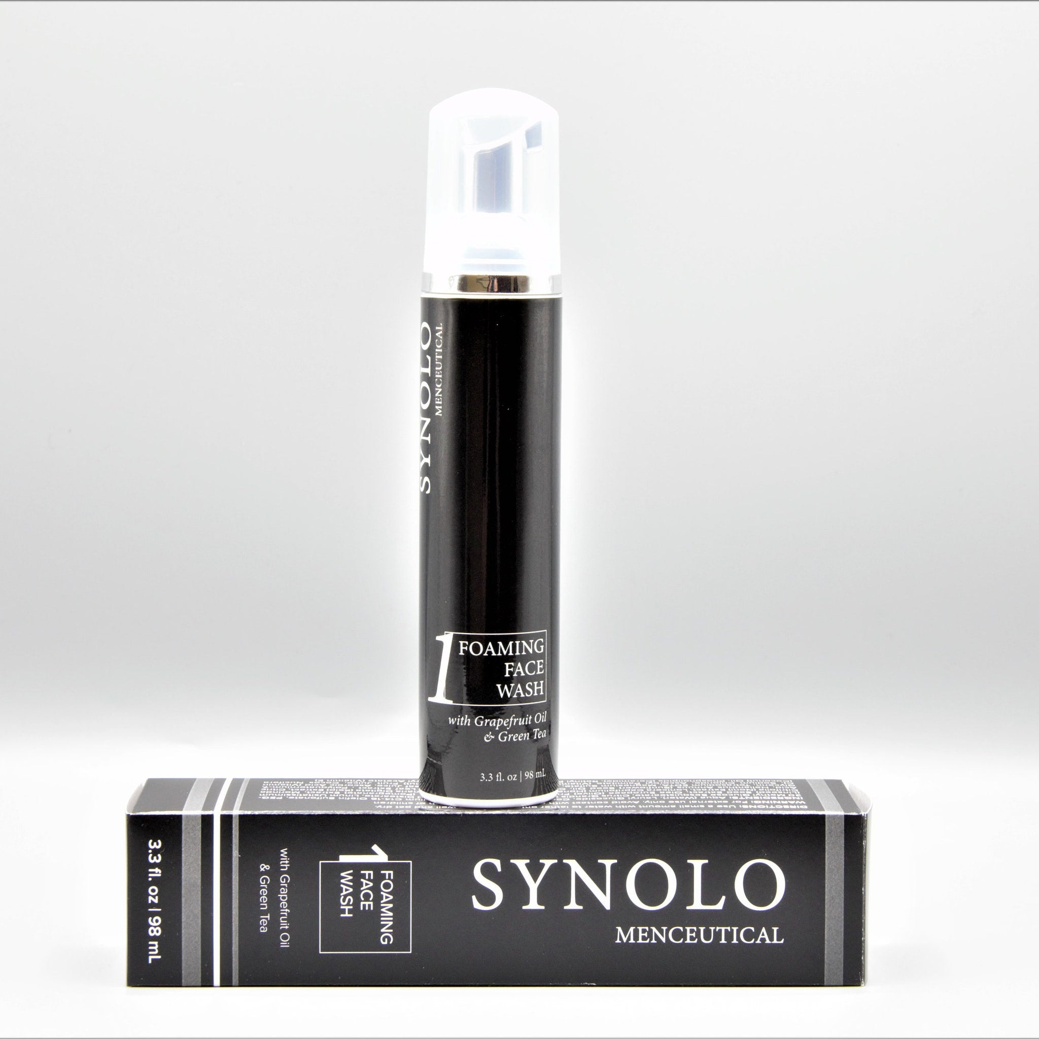 Foaming face wash, black bottle and box, SYNOLO brand with white text, on white background