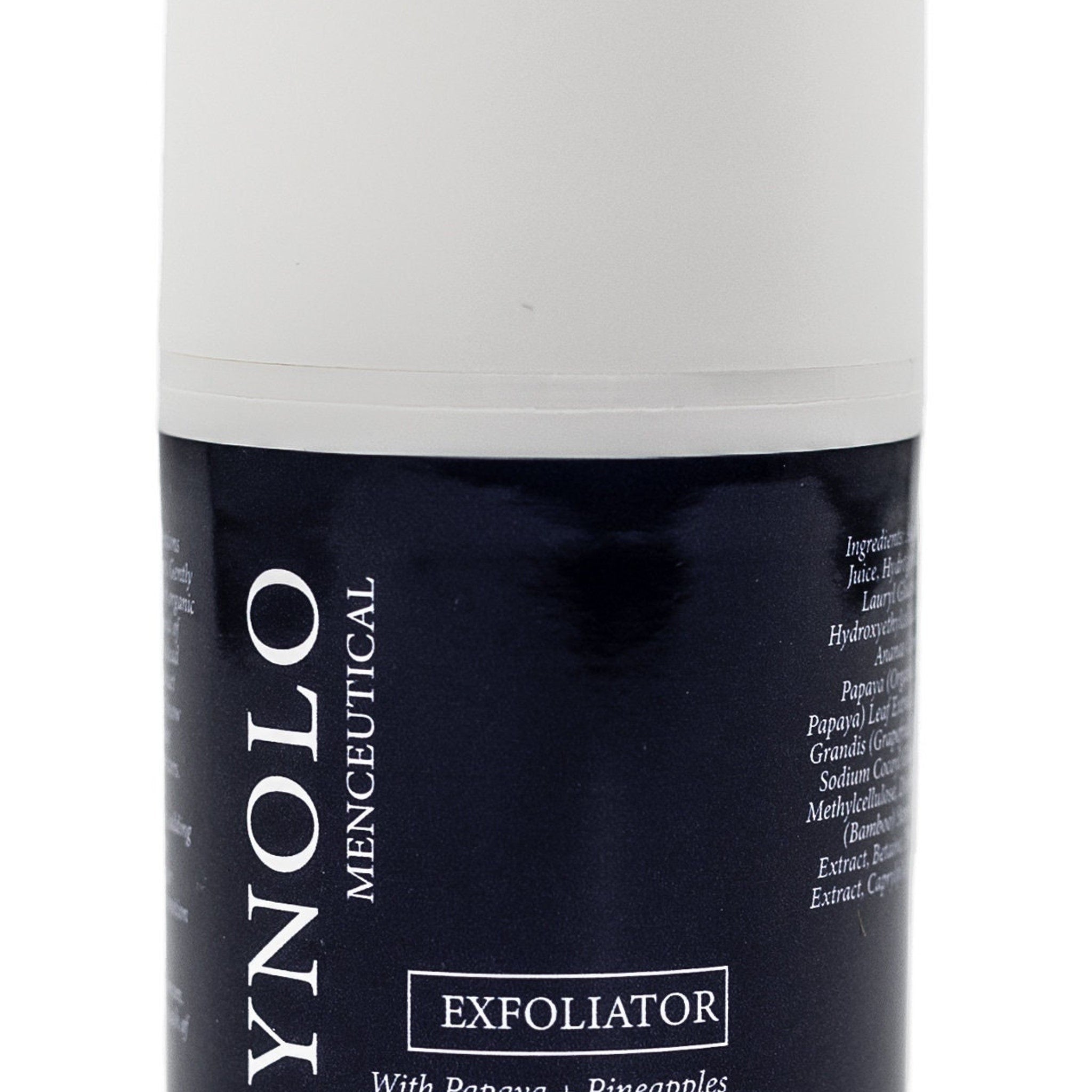 Exfoliator product with white and navy blue cylindrical container, YNOLO brand text visible