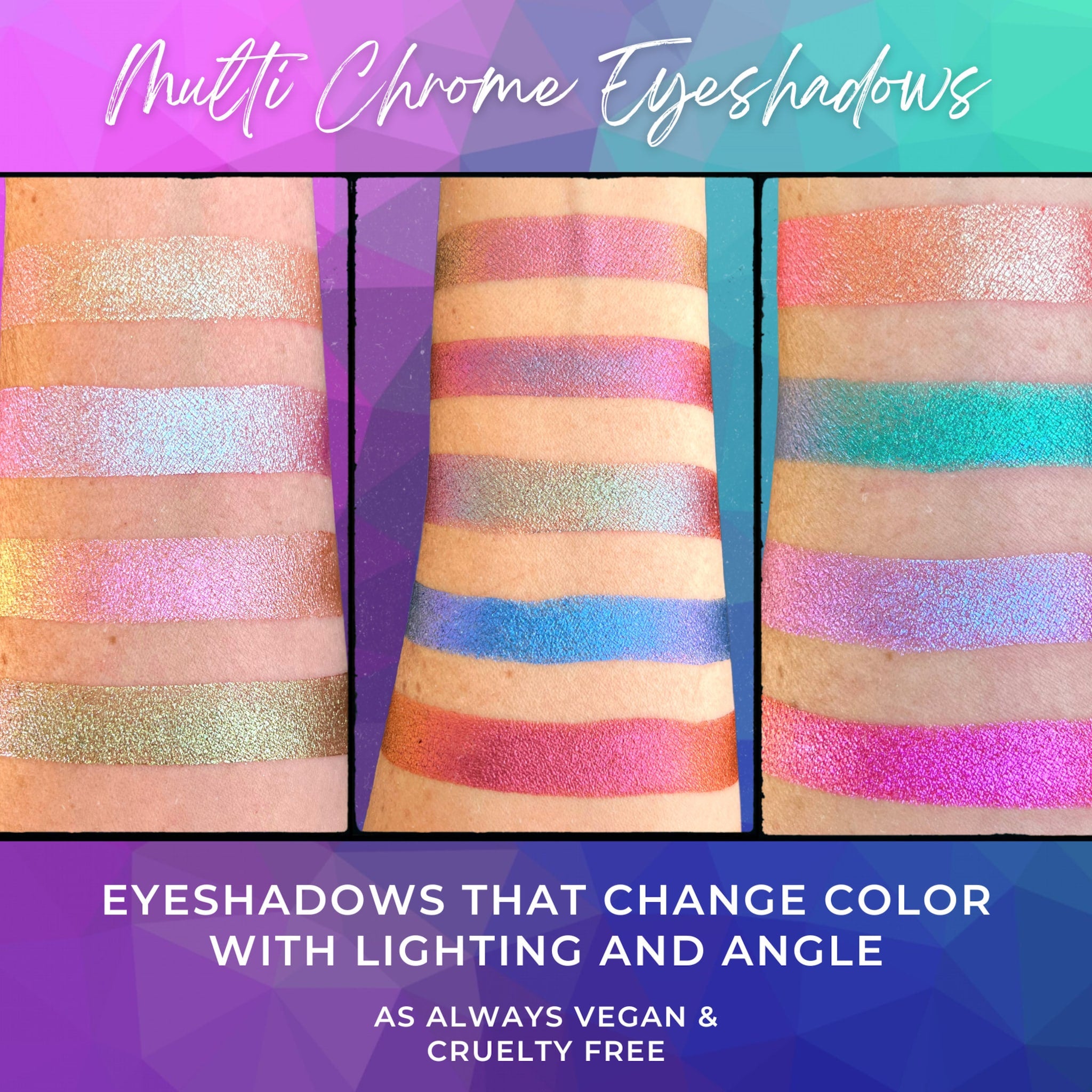 Eyeshadow swatches with iridescent shimmer in various colors on skin, changing colors with light