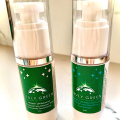 Face cleanser bottles with white pump, green label, and Truly Green branding