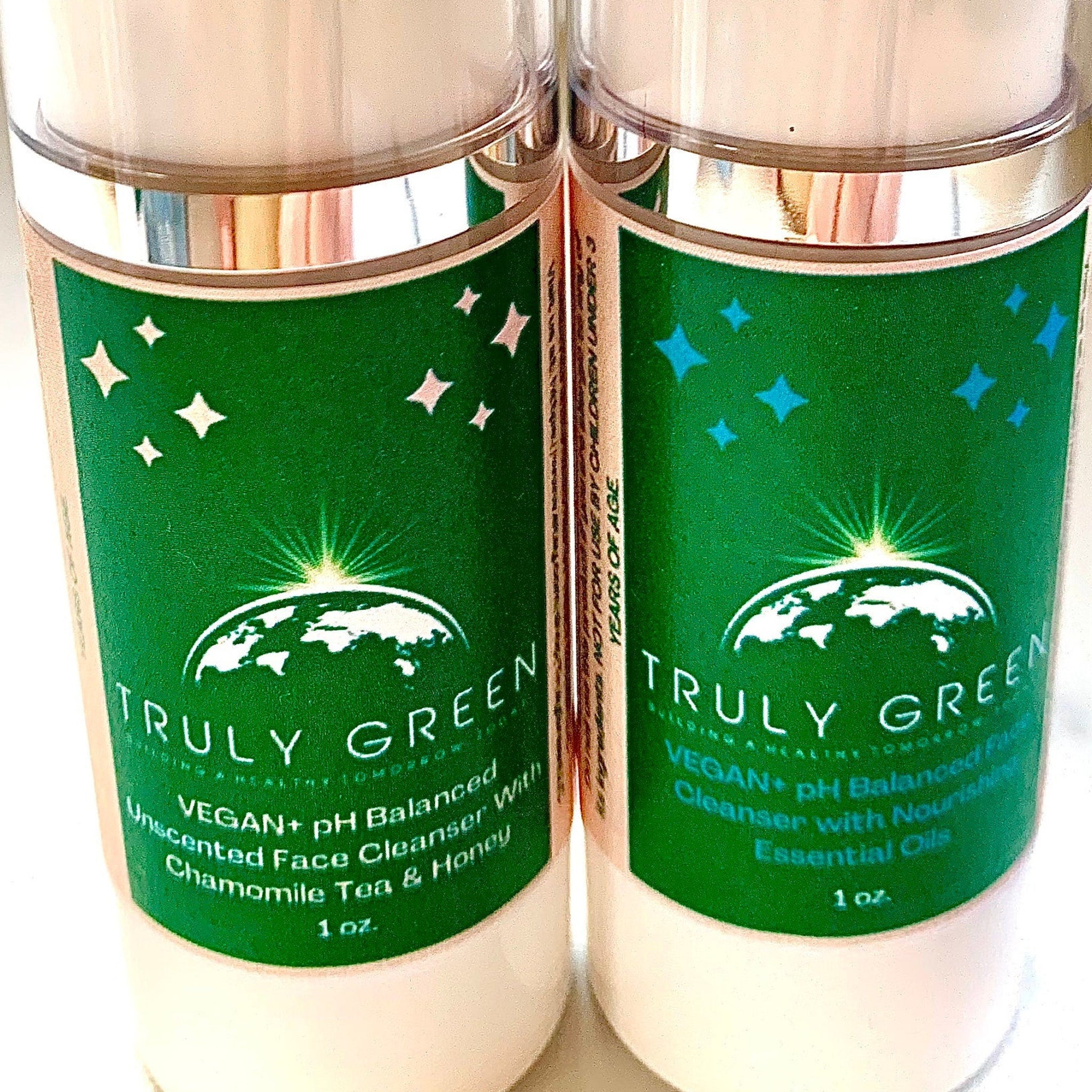 Facial cleanser bottles with green labels, white text, and Truly Green branding