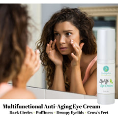 Eye cream bottle with white and silver packaging, woman applying cream to face, "Uplift Eye Cream" text visible