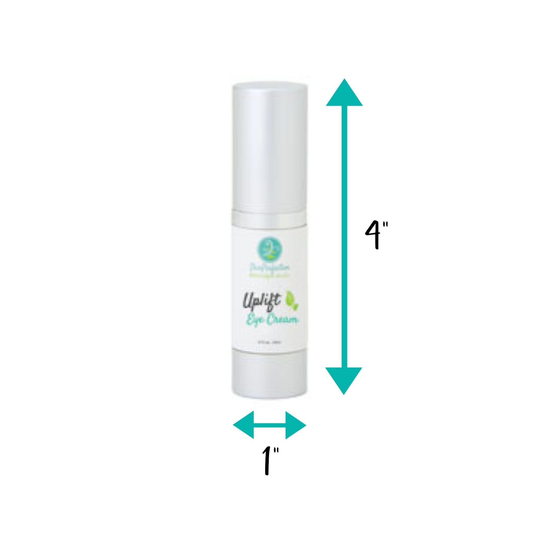 Eye cream bottle with white and silver colors, "Uplift Eye Cream" text, and measurements shown
