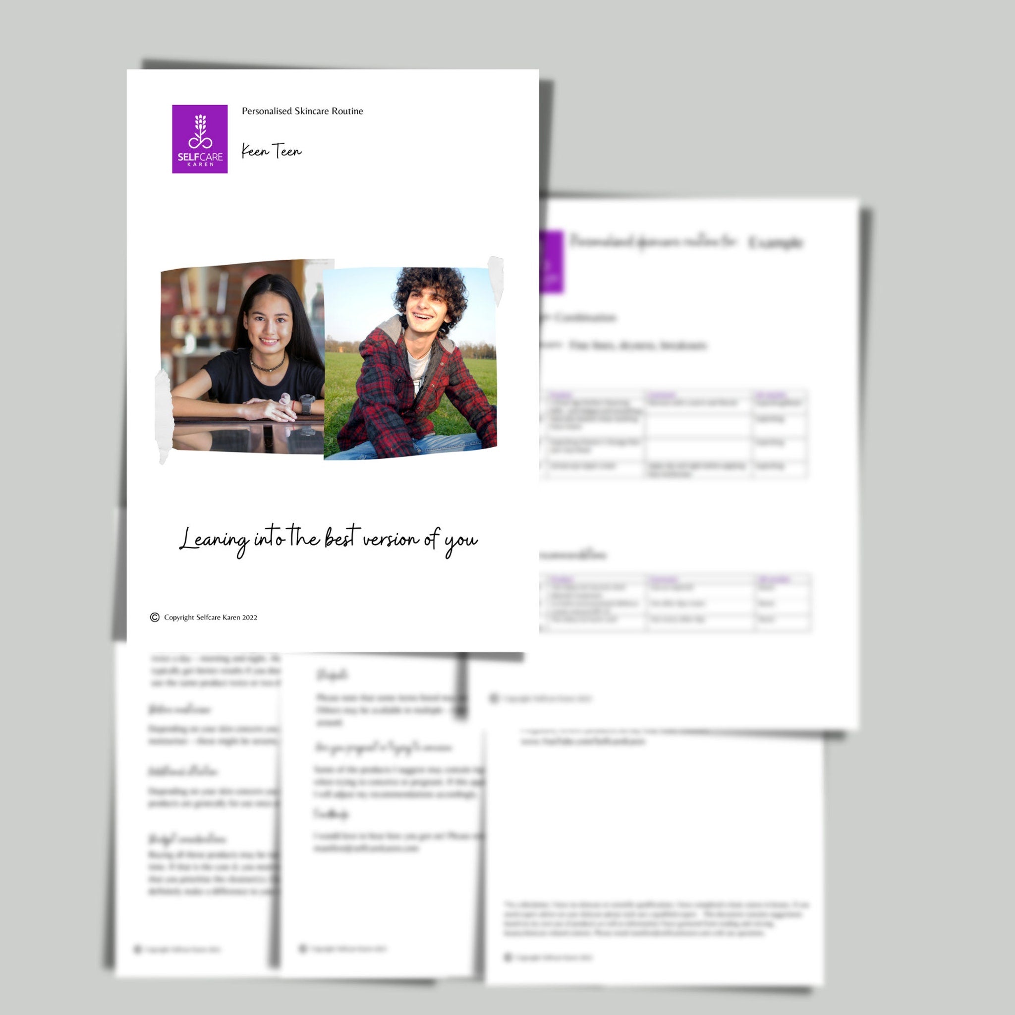 Skincare routine guide with two people, text "Leaning into the best version of you" and Selfcare Karen logo
