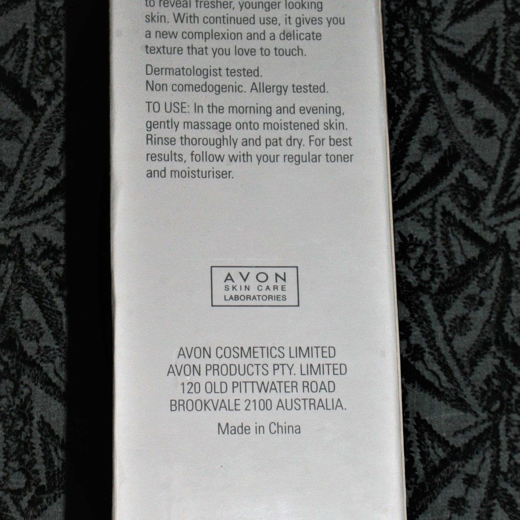 Avon product label with white background, black text, and Avon Skin Care logo visible