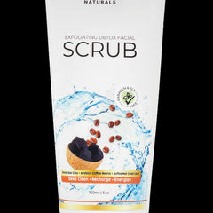 Facial scrub in white tube with coffee beans and water splash design, "SCRUB" text visible