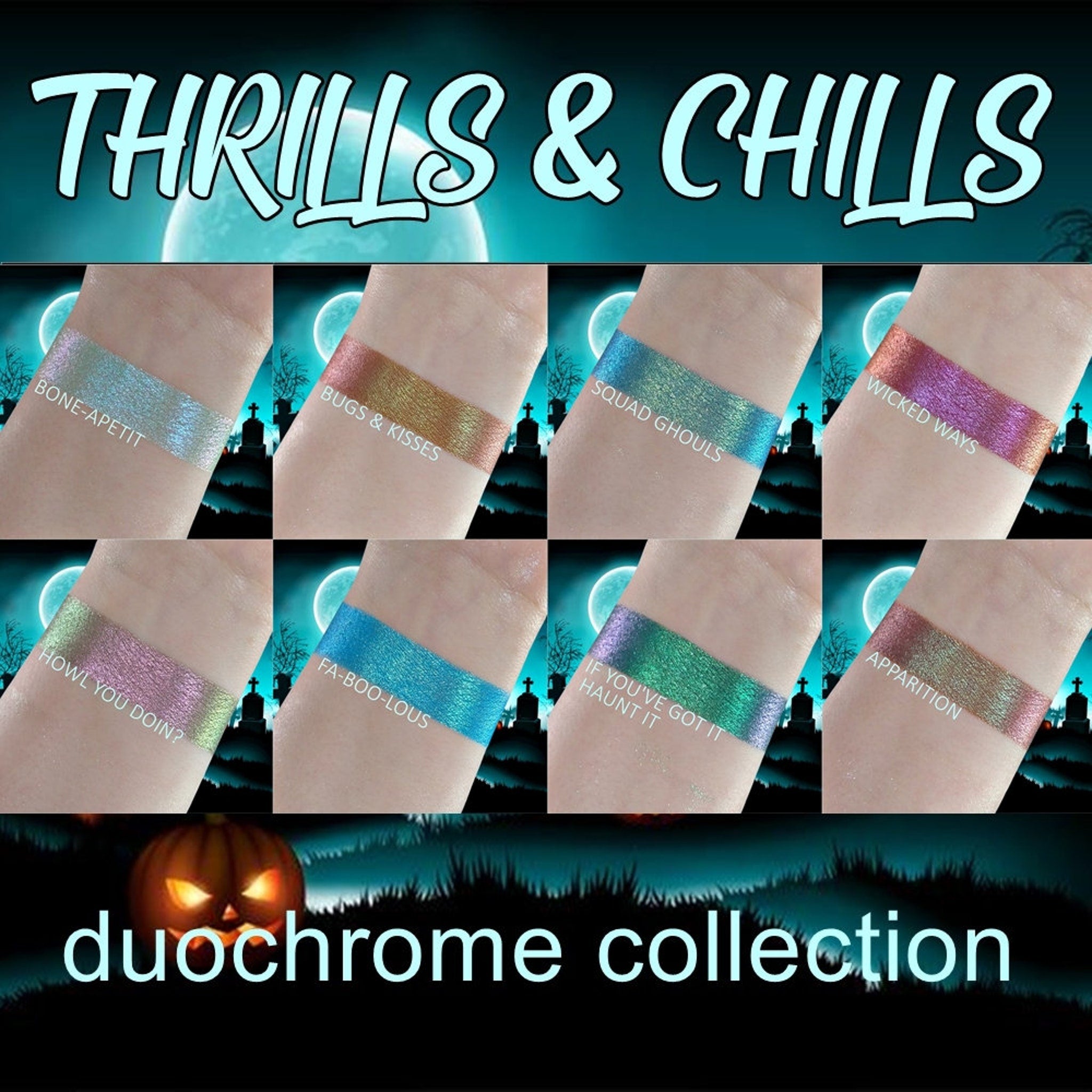 Square compact of Faboolous Duochrome Eyeshadow with holographic packaging catching light at angles