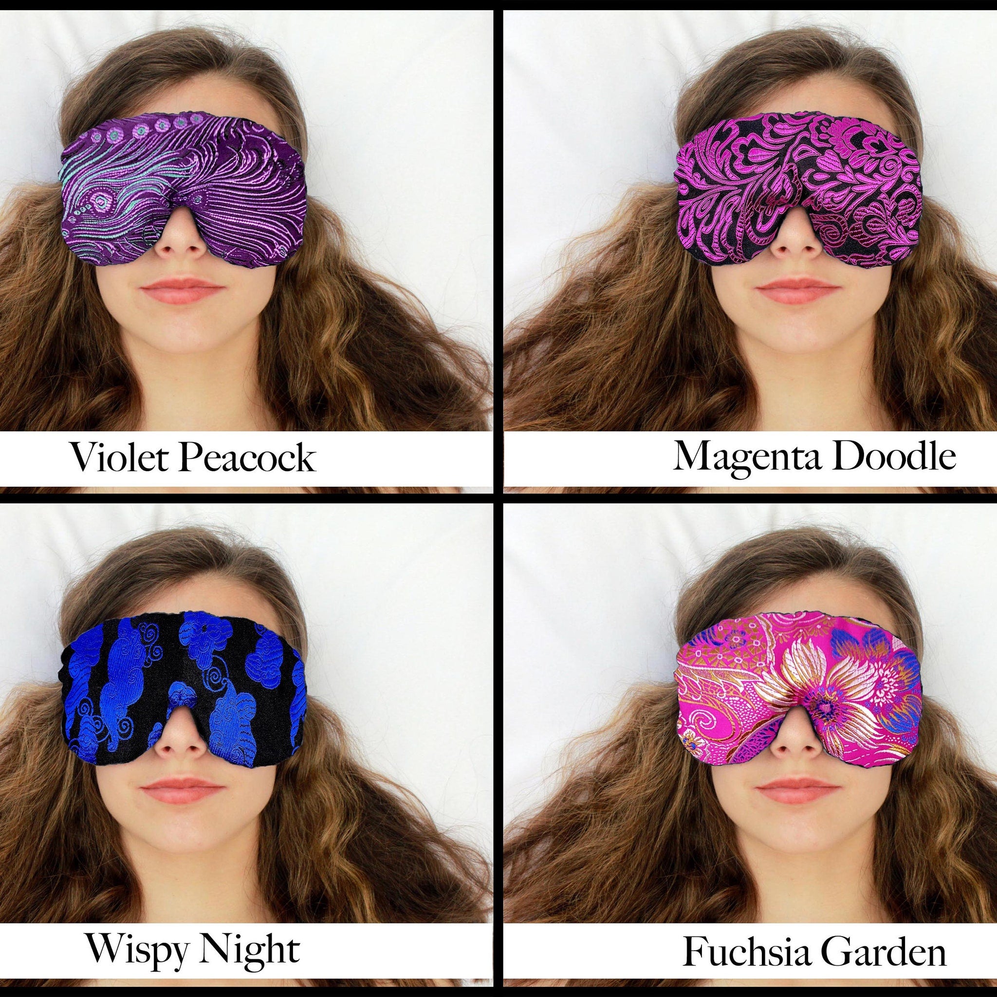 Sleep mask with purple peacock pattern, worn by a person on a bed