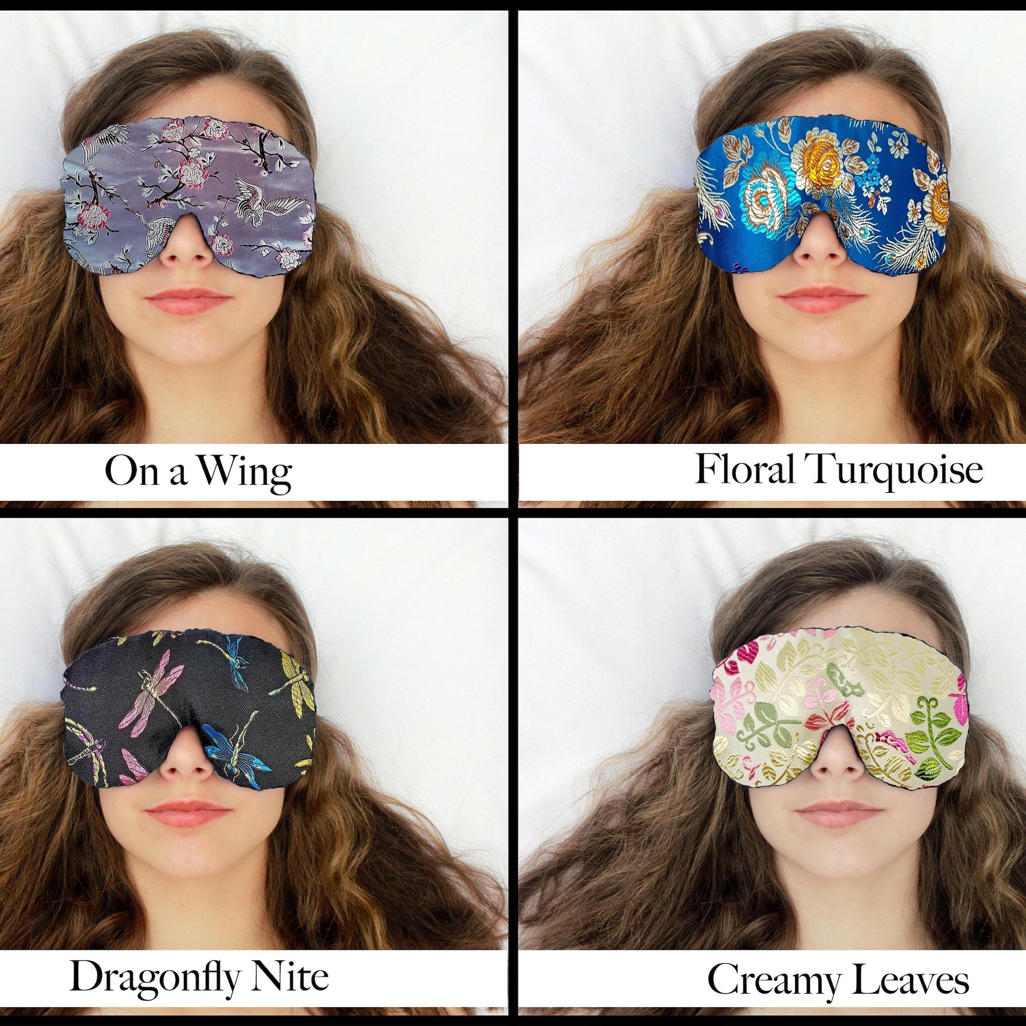 Sleep mask with floral pattern in blue, turquoise, and yellow, worn by a person