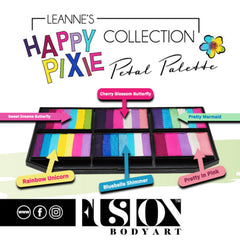 Face paint palette with multiple colors, Fusion Body Art branding, and Happy Pixie text