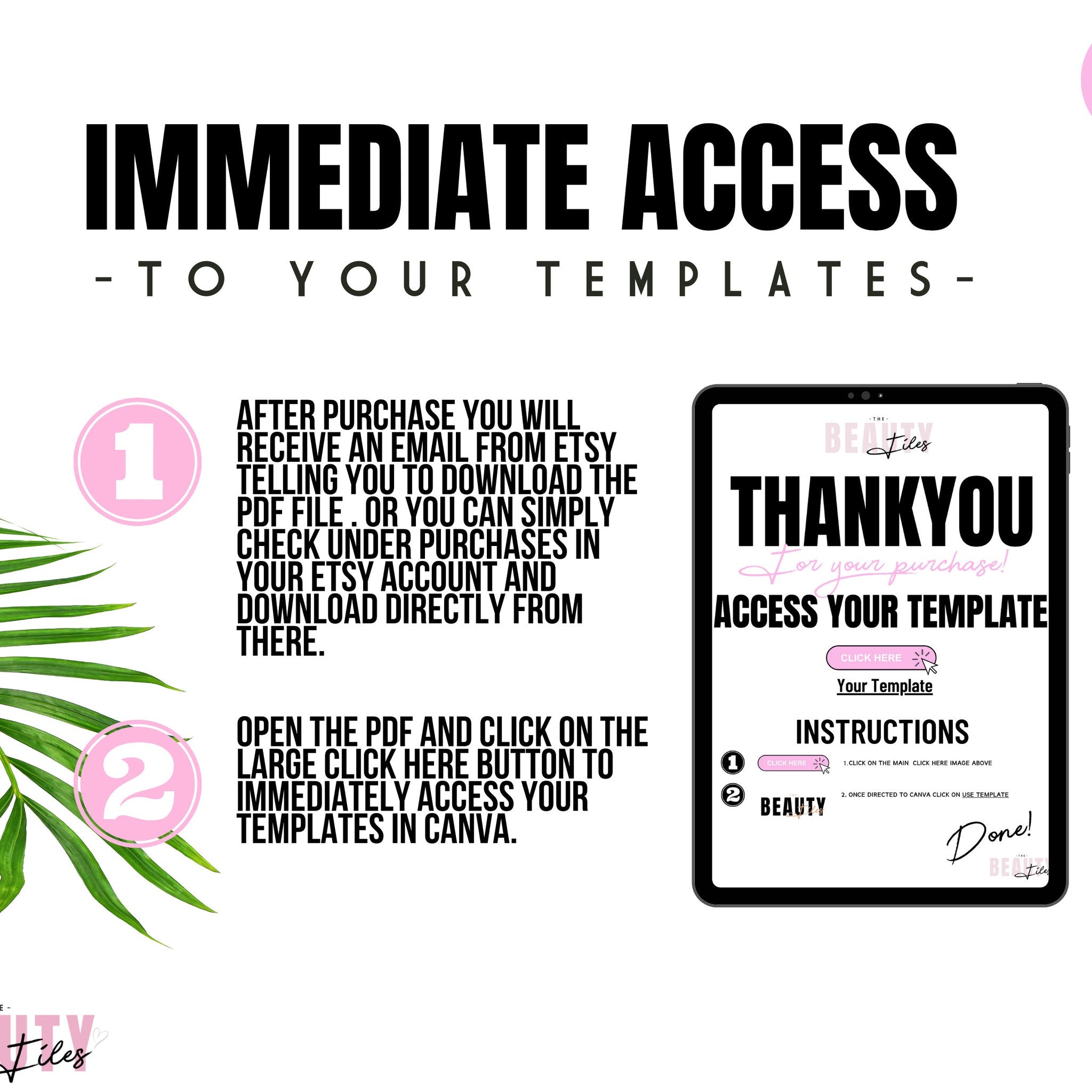 Template instructions graphic with pink accents, black text, and "BEAUTY Files" logo